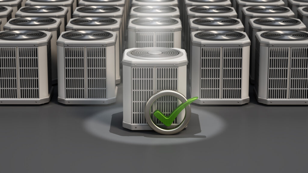 Spot lit heat pump unit with check mark symbol standing out from the rest