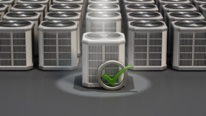 Spot lit heat pump unit with check mark symbol standing out from the rest